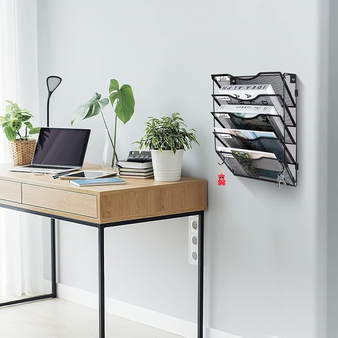BOHDK Wall File Organizer 5 Pockets, Mail Organizer, Hanging Folder Holder, Foldable | Hanging or Wall Mounted | Label Panel | 2 Hooks | Office Home School Organizer, Black