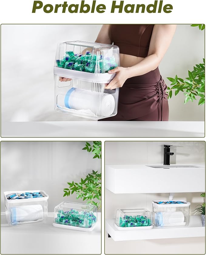 iCASA Trash Bag Dispenser Dishwasher Pods Container Under Sink Organizer | 3 in 1 Stackable Trash Bag Holder Garbage Bag Dispenser for 13/30/33 Gallon Bags, Clear Storage Bins Laundry Pods Container