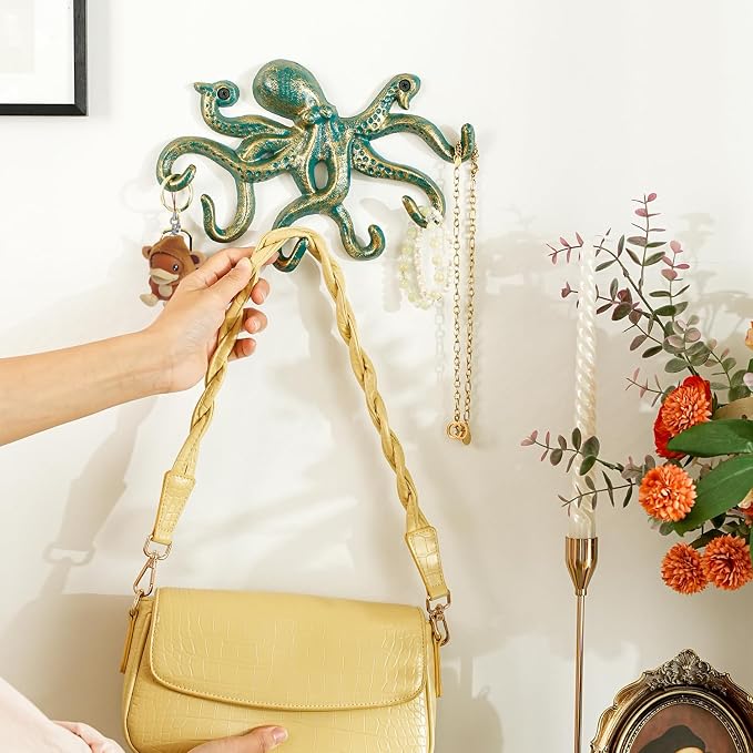 Sungmor Cast Iron Key Holder for Wall, Green Octopus Hanger with 6 Hooks, | Wall Hooks for Towel, Bathrobe, Necklaces, Purse, Dog Leashes, Bathroom Nautical Decor