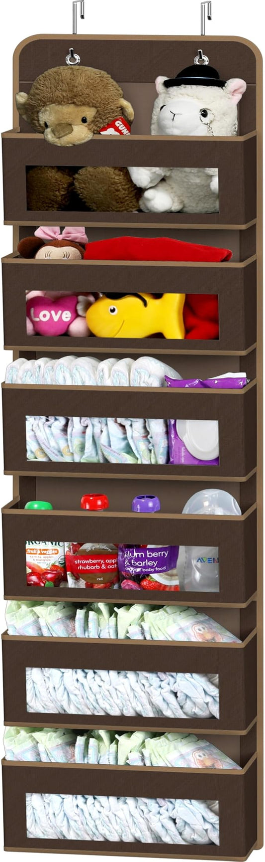 Simple Houseware 6 Clear Window Pocket Over Door Hanging Organizer, Brown | Over the Door Storage for Closet, Bedroom, Bathroom, Pantry