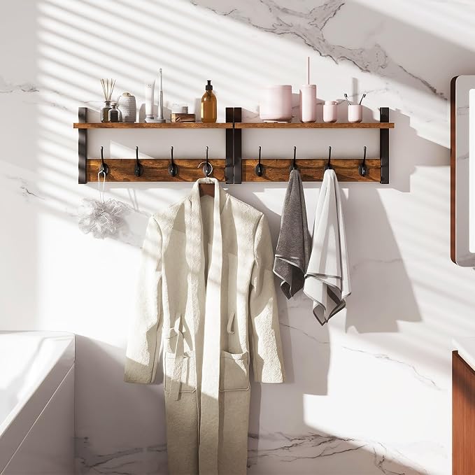 YMYNY Coat Rack Wall Mount with Shelf and Hooks, Rustic Brown UHWS001H-2 | 2 Pack Wooden Wall Mounted Coat Hanger with Shelf and 8 Double Hooks, Wall Coat Rack for Entryway Hallway Bedroom Bathroom