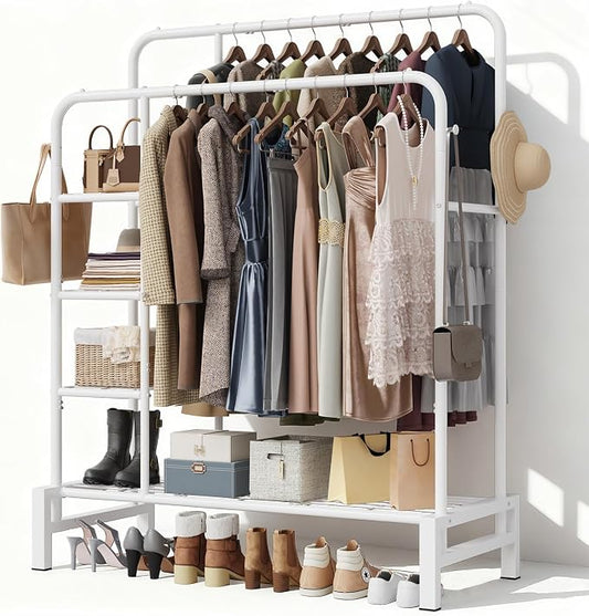 Clothes Rack for Hanging Clothes, Clothing Rack with shelves, White | Double Clothing Rack with 3 Tier Storage Shelves, Multifunctional Heavy Duty Garment Rack for Bedroom Laundry Wardrobe Closet