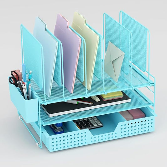 LEKETREE Teal Desk Organizer, Office Organization with Vertical File Holder, File Organizer with Drawer and Pen Holder, Desk Accessories and Workspace Organizers for Home Office (Sky Blue)