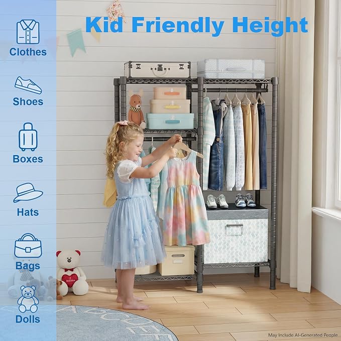 F1 Garment Rack for Kids, Baby, Students, and Children's Room, 4 Tiers Freestanding and Portable Heavy Duty Closets, Small Metal Clothes Rack with 2 Hanging Rod, 31.2" W x 11.8" D x 48" H, Black | Small Clothing Racks with 2 Hanger Rods for Hanging Bab...