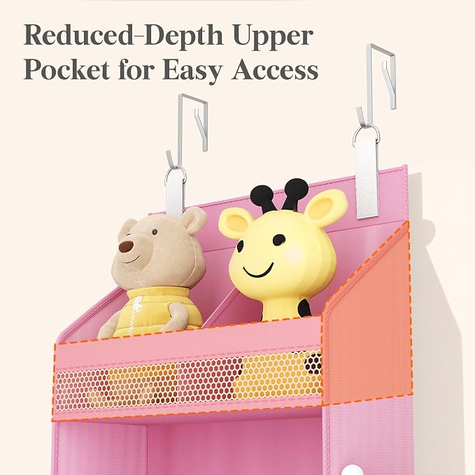 Lifewit Baby Over the Door Hanging Organiser, Hanging Shelves with Transparent Pockets for Stuffed Toys for Children's Room, Baby Items in the Pantry, Bedroom, Wardrobe, (Pink, 5 Tier)
