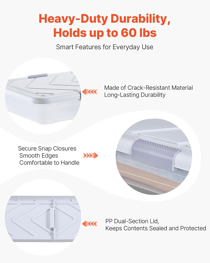 VEVOR Under Bed Storage with Wheels, 39.8 x 20.1 x 5.9 inch Underbed Containers, Underbed Shoes Organizer with Lid & Gray Latch, Rolling Under the Bed Storage Bins for Clothes Shoes Blankets, 2 Pack