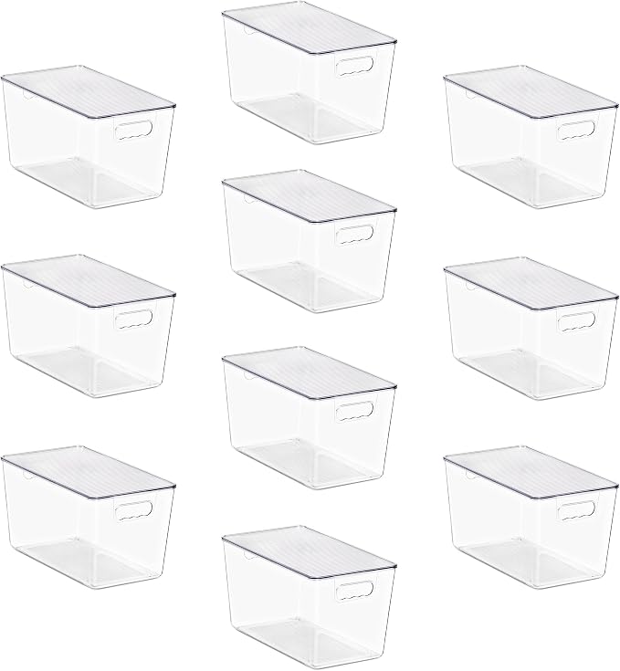Clear Storage Bins with Lids, 10 Pack X-Large Stackable Clear Bins, Clear Storage Containers with Lids, Plastic Organizer Boxes for Pantry Storage, Kitchen Cabinets, Closet Organization, Bathroom
