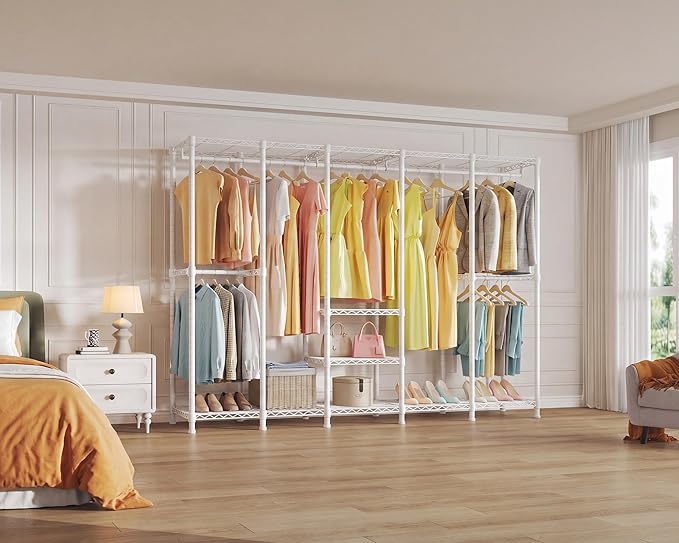 Higeego H5 Clothing Rack for Hanging Clothes, Heavy Duty Closet Rack, White | Large Garment Rack, 93.3"Wx15.7"Dx75.4"H, Freestanding Wardrobe Closet, with Adjustable Shelf, Load 1400 lbs
