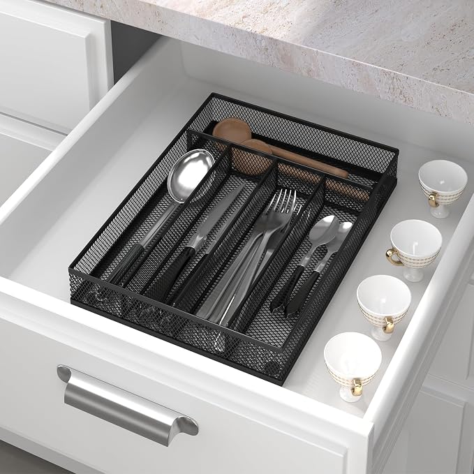 Sedegn mesh silverware tray for drawer: 5 Compartments for Easy Sorting | Sized at 9.3" x 12.6" for kitchen drawers with non-slip feet, metal mesh design for easy cleaning, organizing flatware Black