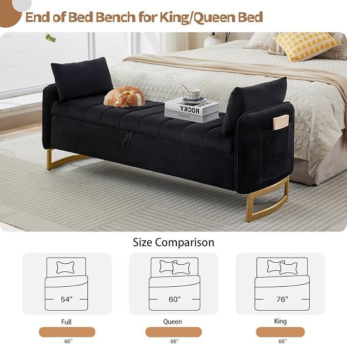 66" End of Bed Storage Bench King Size, Velvet Storage Benches for Bedroom Foot of Bed, Upholstered Storage Ottoman Bench with Golden Legs and Pillow for Living Room Window Entryway, Black