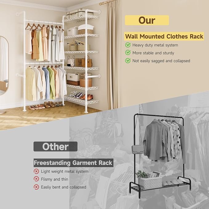L2 Wall Mounted Closet System, Industrial Pipe Clothing Rack Clothes Racks with 2 Telescopic Rod & 6 Shelves, Heavy Duty Closet Organizers System in Wardrobe Closet, White