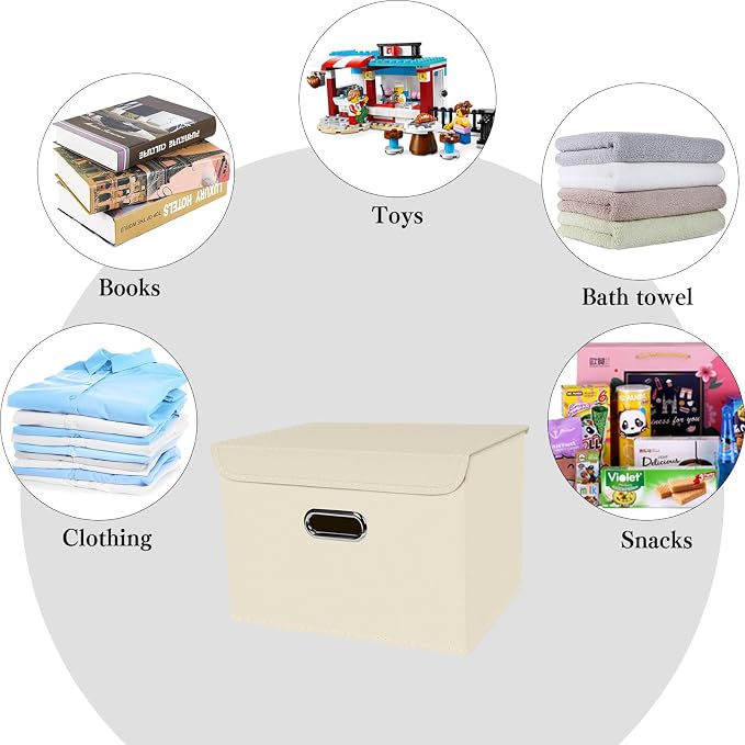 8-Pack Large Collapsible Storage Bins with Lids,Fabric Storage Cubes Organizer for Shelves,Closet,Nursery,Foldable Cube Storage Baskets with Handles,Home Boxes (14.9"x9.8",Creamy-White)