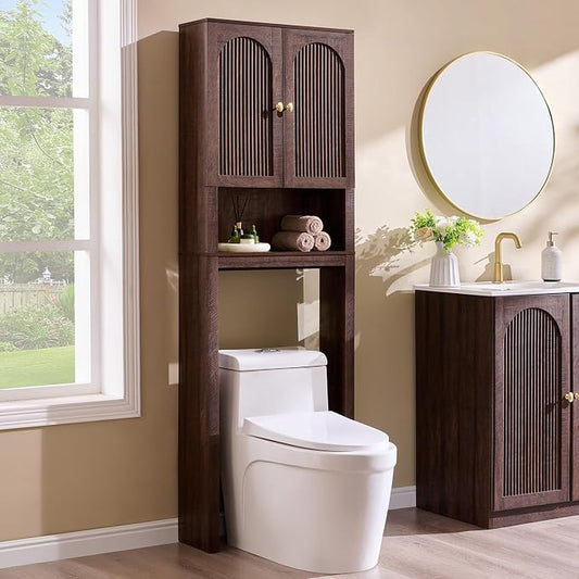 72" Over The Toilet Storage Cabinet, Modern Over Toilet Bathroom Organizer Shelf with Fluted Arched Doors, Wooden Free Standing Bathroom Storage Cabinet with Adjustable Shelf, Space Saver, Brown