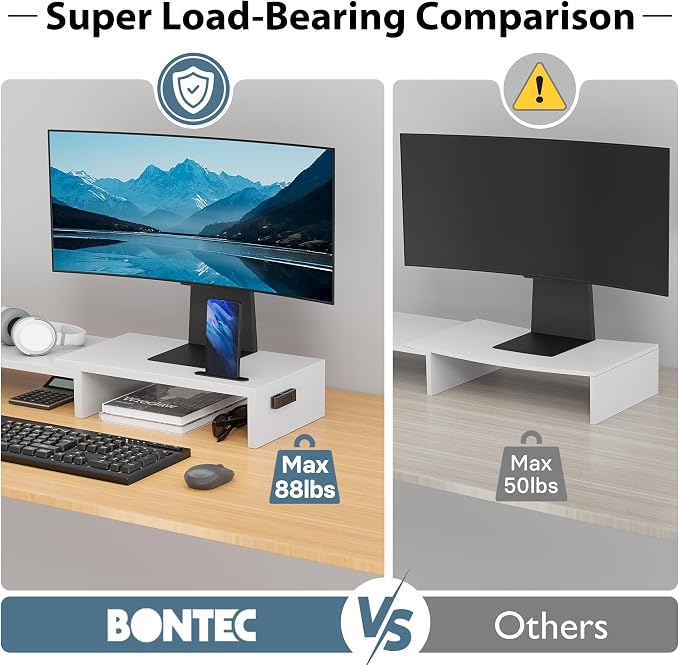 BONTEC Dual Monitor Stand Riser, Adjustable Length & Swivel Angle, White | Ergonomic Wooden Desktop Organizer with Smartphone Holder, Computer Monitor Stand for PC, Laptop, Printer and Large Storage