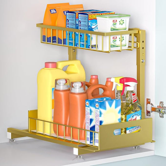 L-Shaped Under Sink Organizer, 2-Tier Pull-out Cabinet Rack 1-Pack | Gold Height-Adjustable Steel Rack, Sliding Grid Drawers with PP Liners, Holds 100 Lbs, Suction Base, Ideal Kitchen Storage
