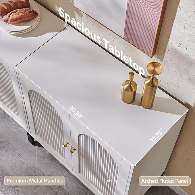 IFGET 34" Tall Modern Arched Sideboard Buffet Cabinet with Storage, White | Fluted Arch Sideboard Cabinet w/Adjustable Shelves, Wooden Modular Kitchen Cabinet for Dining& Living Room, Entryway
