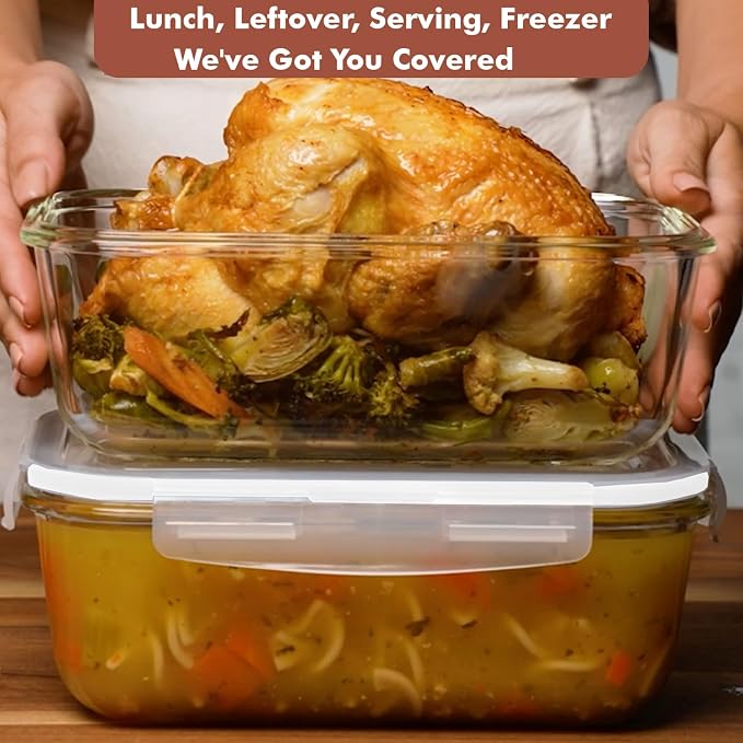 Razab 4 PC 1860ml / 63 Oz / 8 Cups Large Glass Food Storage Containers with Lids - Glass Meal Prep Containers for Roasting & Storing Leftover, Lunch Container with Lids, Microwave & Oven Safe