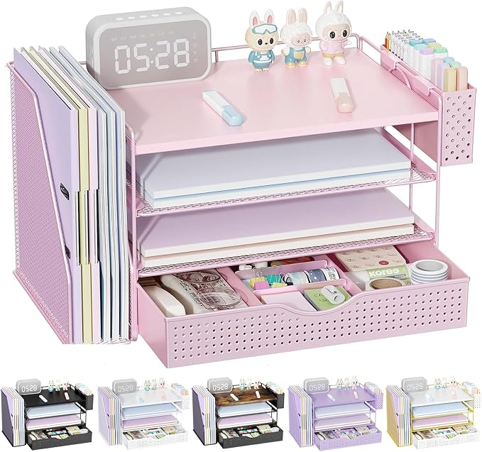 gianotter Wood Desk Organizers and Accessories with File Holder, 4-Tier Desk Accessories & Workspace Organizers with Drawer and Pen Holder, Desk Reference Organizer (Pink, 4T with Drawer)