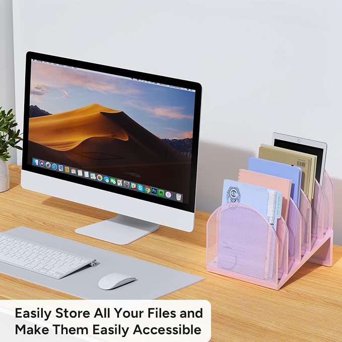 5-Section Desk File Organizer | Metal Mesh Folder Organizer for Documents, Mail & Office Papers (Pink)