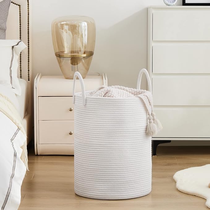 Woven Rope Laundry Hamper Basket by YOUDENOVA, 72L Tall Luandry Basket, Baby Nursery Hamper for Blanket Storage in Bedroom-Large-Pure White | Large Woven Laundry Hamper with Sturdy Handles, Collapsible Home Decor Laundry Basket for Laundry, Clothes, To...