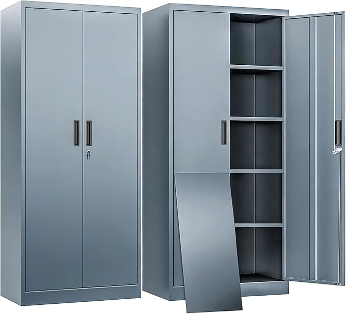 BESFUR Metal Storage Cabinet with 2 Doors and 4 Adjustable Shelves Garage Storage Cabinet with Lock 71" Office Storage Cabinets Locking Cabinets for Garage Office Shop Home (Gray)