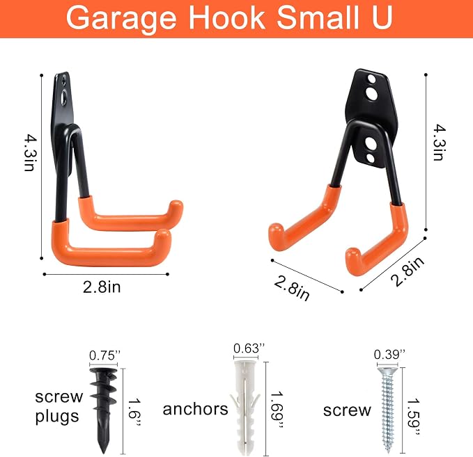 Aoben Heavy Duty Steel Garage Storage Hooks - Utility Tool Hangers and Combinable Wall Mount Hooks for Organizing Ladder, Hold Chairs, Heavy Tools (Small U, 10 Pack)