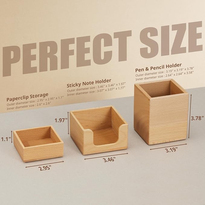 Desk Organizer Set of 3 - Wood Office Desk Accessories - Desk Organizers and Accessories for Women Men - Set incl. Pencil Pen Holder, Paperclip Storage and Sticky Note Holder