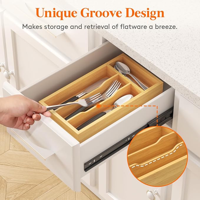 Lifewit Silverware Drawer Organizer, Wooden Utensil Tray for Kitchen | Flatware and Cutlery Holder, Adjustable Storage for Spoons Forks Knives, 6.9 x 12.8", Natural