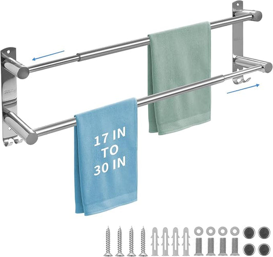 Double Towel Bar, Adjustable 28In Double Towel Racks for Bathroom | Stainless Steel Towel Bar for Bathroom Wall，Drilled-Type Bathroom Towel Holder