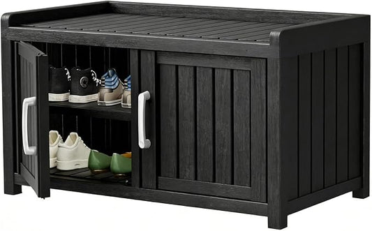 2-Tier Storage Bench, 2 Doors Waterproof Resin Shoe Bench with Adjustable Shelves - Entryway Bench with Seating, Indoor & Outdoor Use for Bedroom, Hallway, Living Room, Black