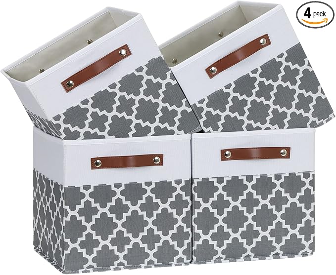 Temary 11x11x11 Cube Storage Bins Cube Organizer Bins 4 Pack Canvas Storage Bin for Home, Cube Storage Basket with Leather Handles(Grey Lattice)