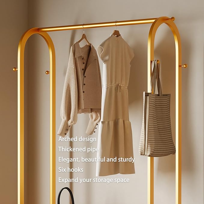 Gold clothing rack with bottom Storage shelves and 6 side hooks,Sturdy metal clothes rack for Hanging Clothes,Modern garment rack Wardrobe Rack for Bedroom or Boutique