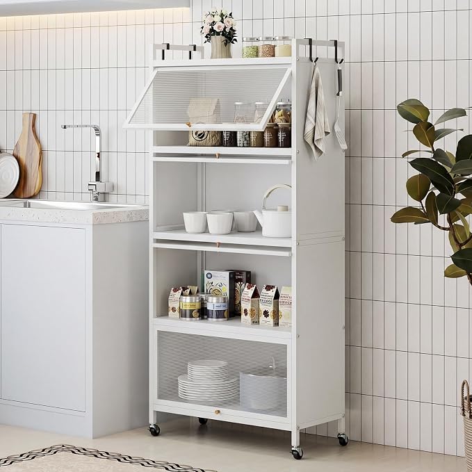 Giantex 5-Tier Kitchen Storage Cabinet, Freestanding Metal Baker's Rack w/4 Flip-up PC Doors, 4 Hooks, Adjustable Feet & Rolling Wheels, Mobile Microwave Stand for Dining Room, Living Room (White)