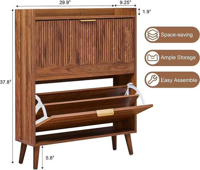 BERRYMERRY 30" Walnut Narrow Shoe Storage Cabinet with 2 Flip Drawers | narrow,entryway,adjustable feet,20 pairs shoe,shoe organize,hidden shoe rack,fluted panel,wave pattern,wood,space saving