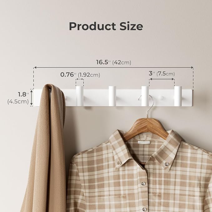 White Wall Mounted Coat Rack – 5 T-Shaped Hooks on 16.5" Rail, (1 Pack) | for Hanging Hats, Bags & Towels, Heavy-Duty Metal Hooks for Entryway, Bathroom, Closet, Bedroom
