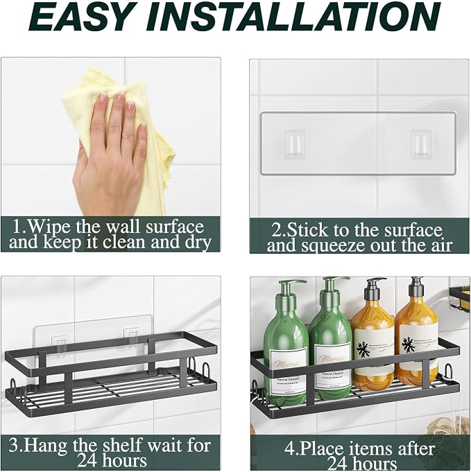 Youvip Adhesive Shower Caddy,Shower Shelves with Soap Holder and 12 Hooks,Rustproof No Drilling Bathroom Organizer and Storage,Black,3 Pack