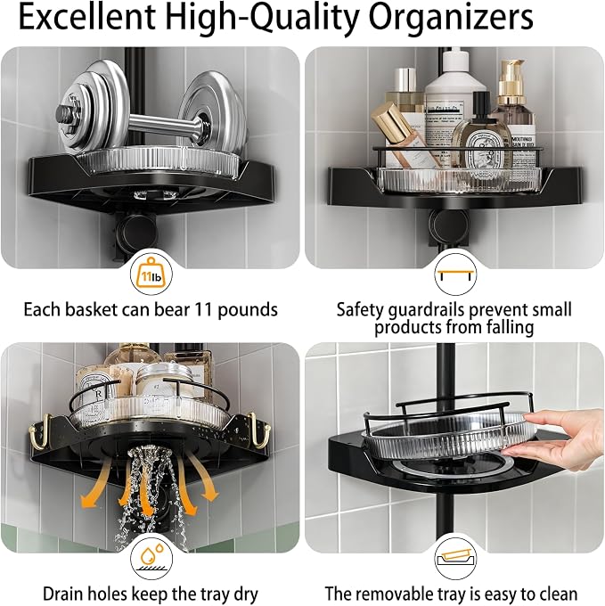 360° Rotating Corner Shower Caddy Tension Pole Organizer (Black) | 4-Tier rotating shelves with hooks, adjustable tray height, upgraded rustproof metal pole, removable trays for shower storage