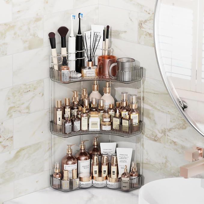 Asayuee 3-Tier Corner Bathroom Counter Organizer with Top Toothbrush Holders,Large Makeup Organizer Countertop with Brush Holder,Skincare Organizers Corner,Exquisite Vanity Organizer (Gray, 3 Tier)