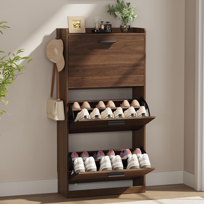 Shoe Cabinet Organizer with 3 Flip Drawers,Narrow Shoe Rack 23.6" W White | Freestanding shoe storage cabinet for entryway,foyer and hallway,slim design and space-saving flip drawers