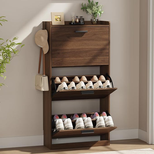 Shoe Cabinet Organizer with 3 Flip Drawers,Narrow Shoe Rack 23.6" W White | Freestanding shoe storage cabinet for entryway,foyer and hallway,slim design and space-saving flip drawers