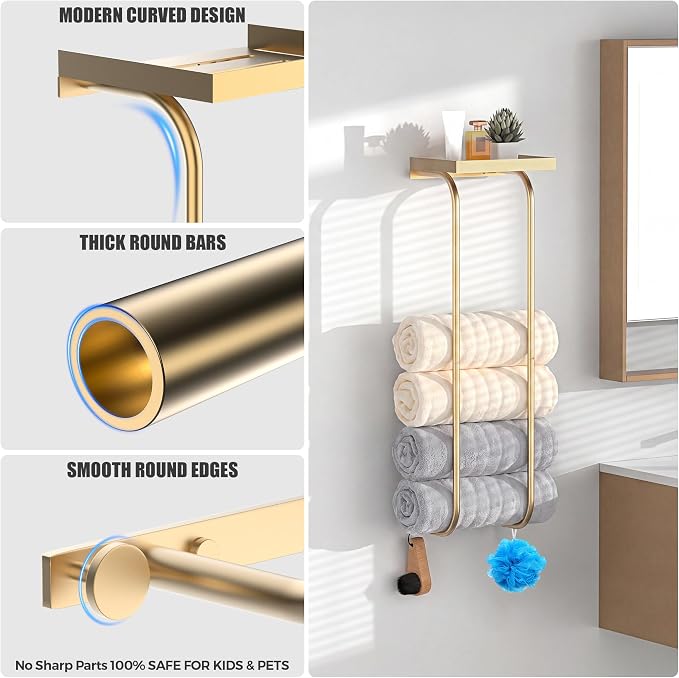 31" Towel Racks for Bathroom, Heavy-Duty Stainless Steel Holds 6 Large Rolled Towels,Wall Mounted Towel Holder with Shelf & Hooks,Extra-Wide Opening Wall Storage for Small Bathroom, Brushed Gold