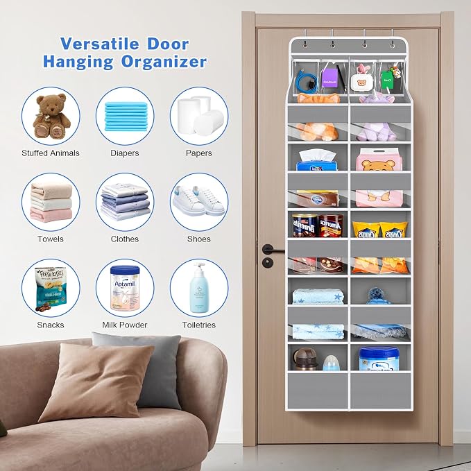 Univivi Upgraded Over the Door Organizer for Baby Nursery, Grey, 6-Shelf | Fabric Door Organizer with Clear Window Deep Pockets, Over Door Hanging Organizer for Baby Essential, Bedroom, and Dorm