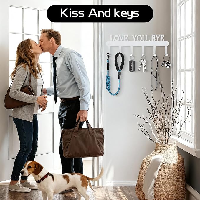 Key Holder for Wall - 'Love You Bye' Key Hooks, White, 6 Hooks | Key Holder Wall Mount Self Adhesive, Key Rack Wall Mount for Wall No Drill for Living Room, Kitchen, Bathroom, Garage