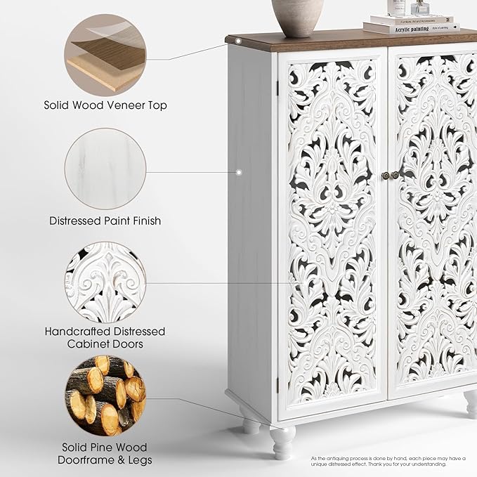 JOINICE 47" Tall Accent Cabinet with Carved Doors & Storage for Living Room | Vertical Storage, Carved Floral Design, Mandala White Buffet, Boho/Farmhouse/Rustic Style, Adjustable Shelves, Easy Assembly