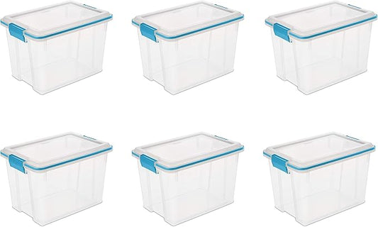Sterilite 20 Qt Gasket Box, Stackable Storage Bin with Latching Lid and Tight Seal, Plastic Container to Organize Basement, Clear Base and Lid, 6-Pack