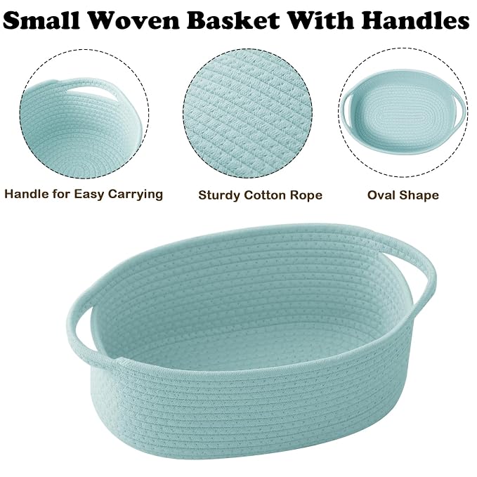 Woven Rope Basket - Baby Gift Basket with Bag & Ribbon, Aqua | Cotton rope with handle, 12 x 8 x 5 in, gift bag and ribbon, for baby shower, birthday, toy storage, nursery, shelf decor