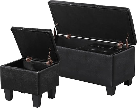 Storage Ottoman Set of 3, 38'' Button-Tufted Coffee Table Bench with 2pcs Nesting Foot Stools, for Living Room Couch, Bedroom, End of Bed (Black - PU Leather)