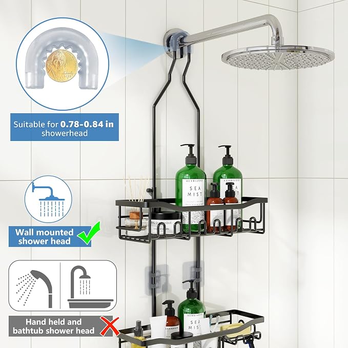 Upgraded Extended Length Shower Organizer with Hooks, Rustproof Shampoo Soap Holder, Large Hanging Bathroom Caddy