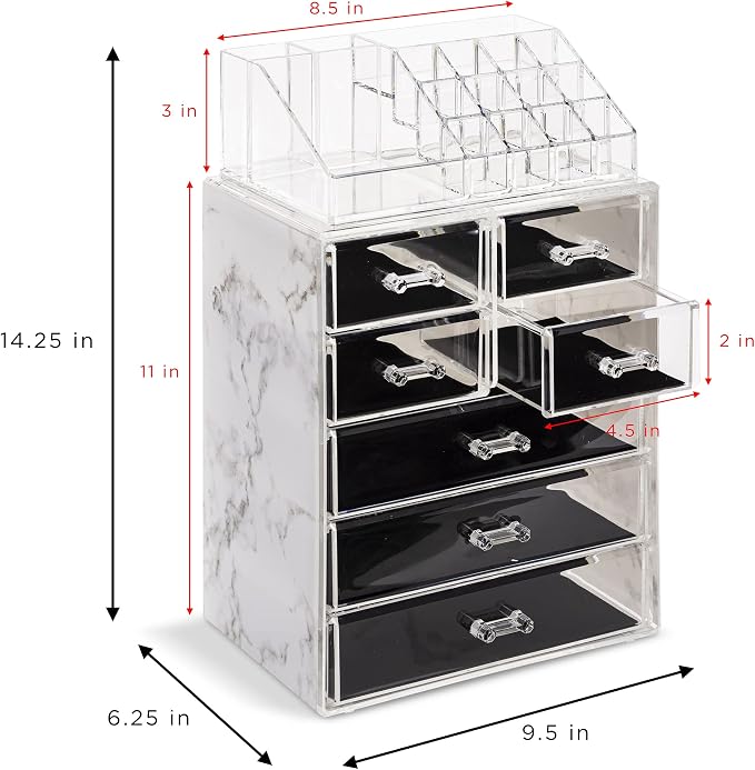 Sorbus Acrylic Makeup Organizer Set, 7-Drawer Vanity & Countertop Cosmetic Storage with Small & Wide Compartments, Marble Print Makeup Storage for Brushes, Jewelry – Holiday Gift for Women & Teens