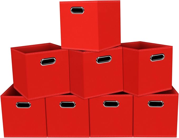 Fabric storage bins Cubes, Fabric Cube Organizer with Handle, Foldable Cube Bins for Cloth or Accessary Storage, 11x11x11, Set of 8, (Red)